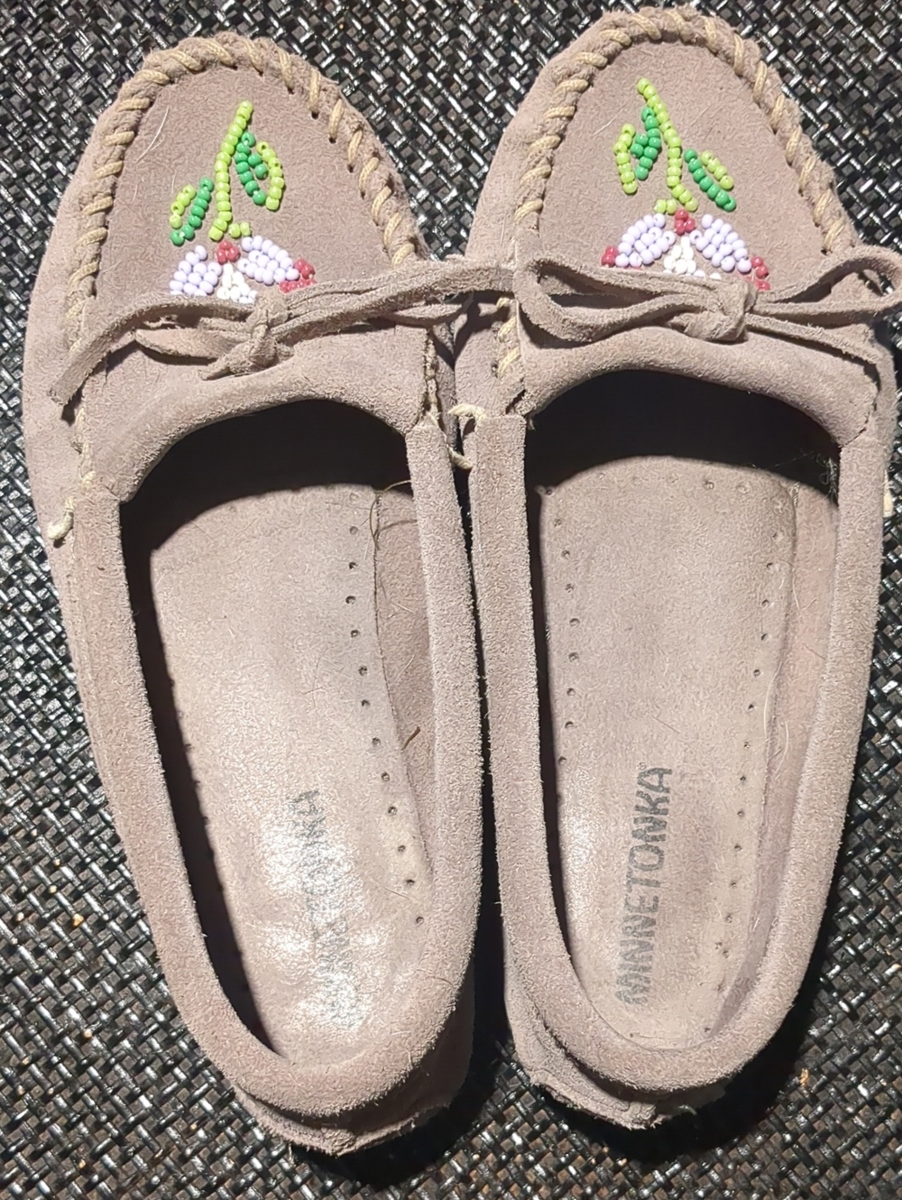 Minnetonka Gray Suede Beaded Moccasins with Multicolor Embroidery